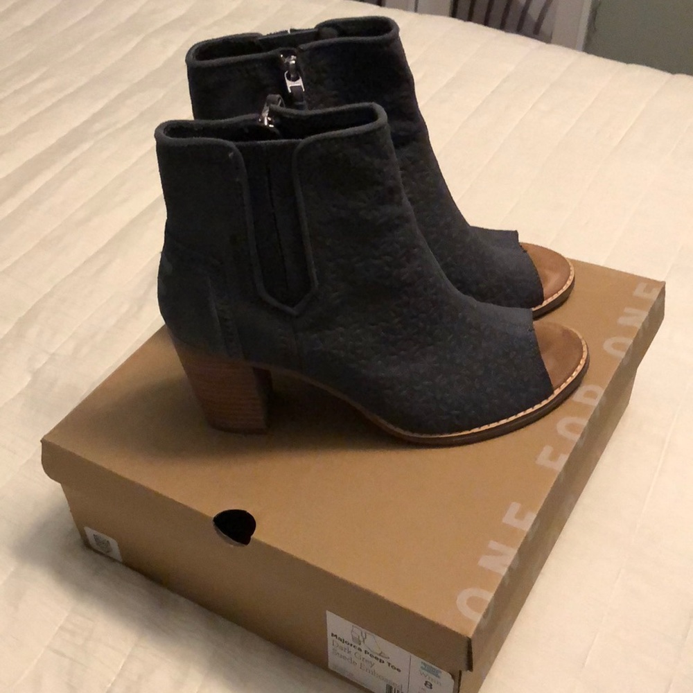 Toms peep toe booties- dark gray embossed suede- 8